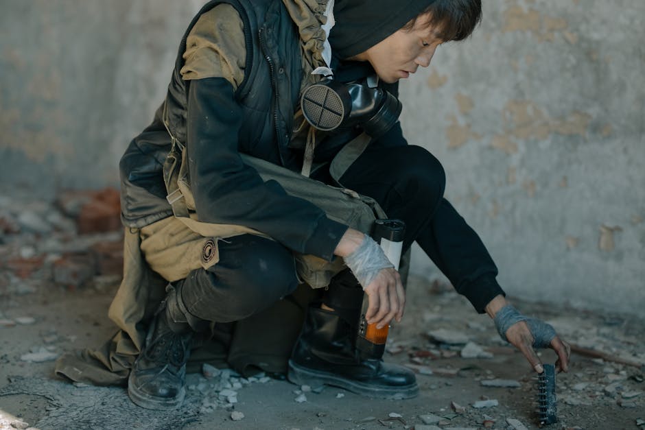 A figure in survival gear explores a desolate urban landscape, capturing a dystopian future.
